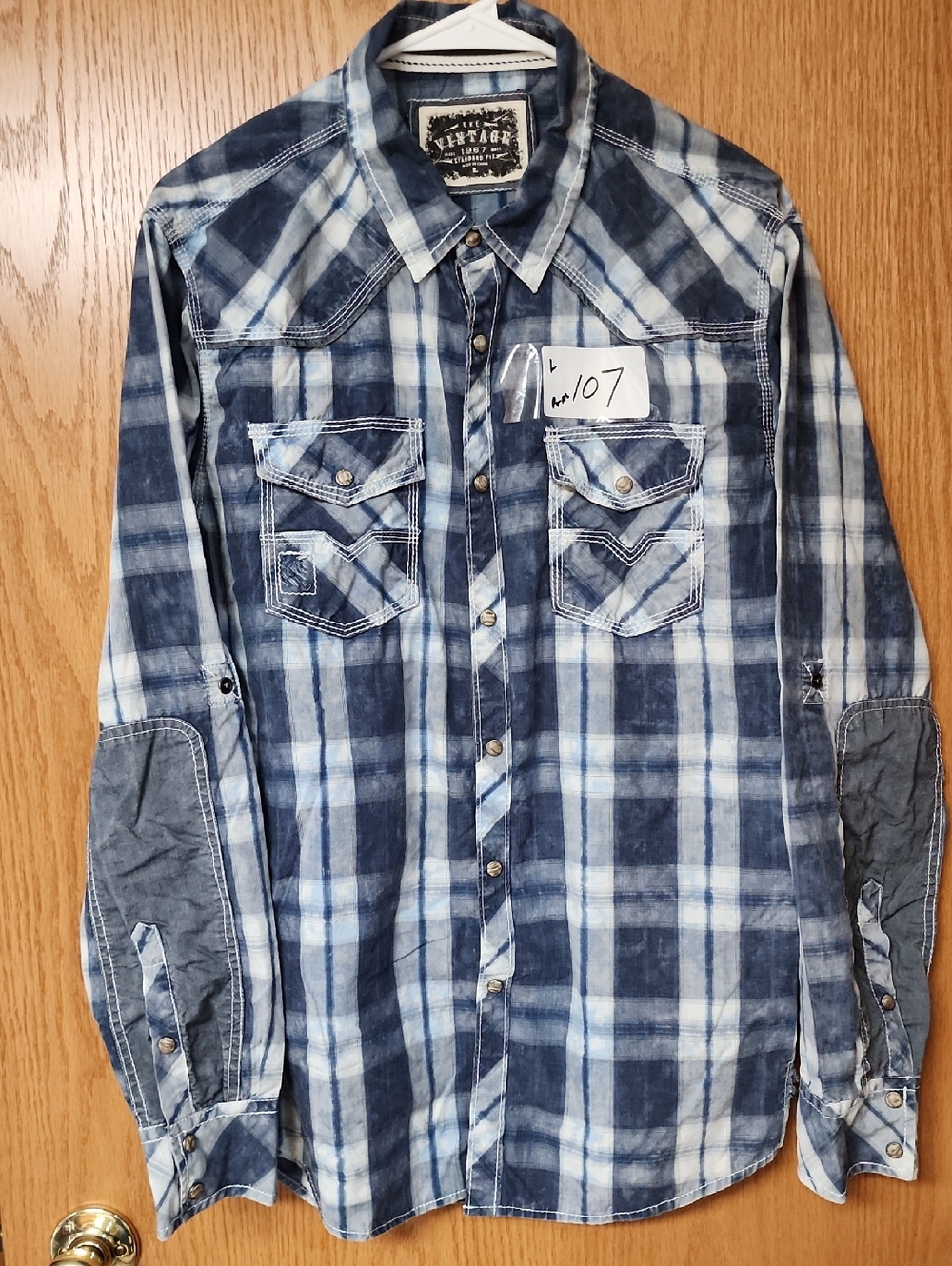 Bke vintage Heritage Blue and White Plaid  Snaps Shirt mens L number 107